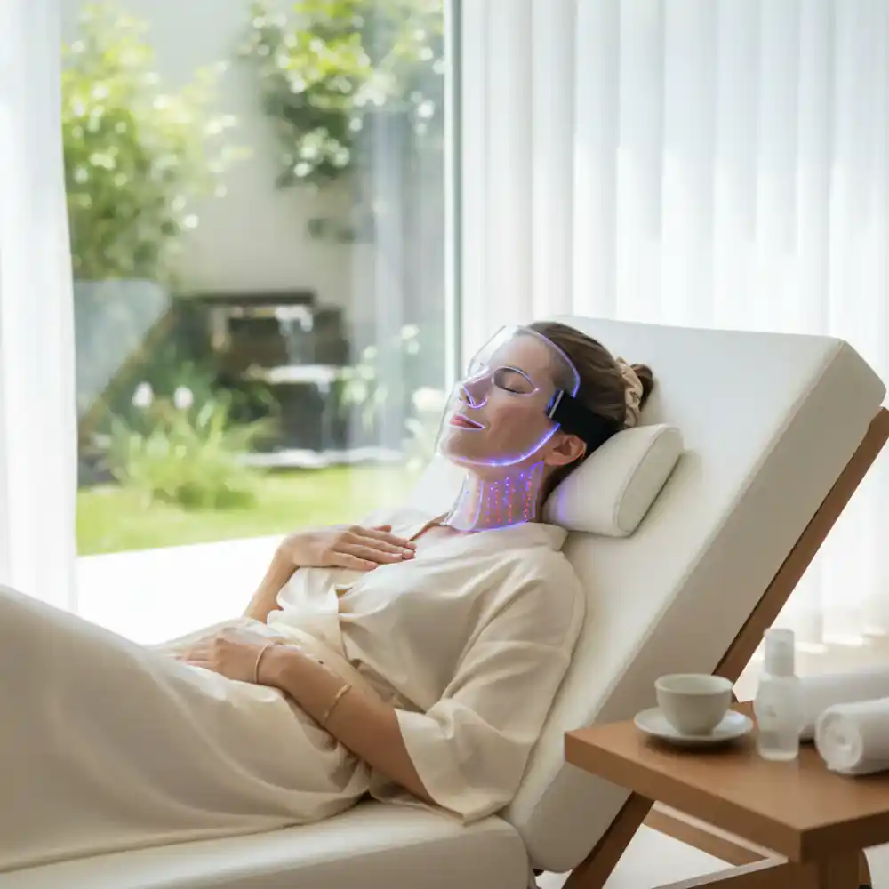 Woman relaxing with a clinical LED face mask