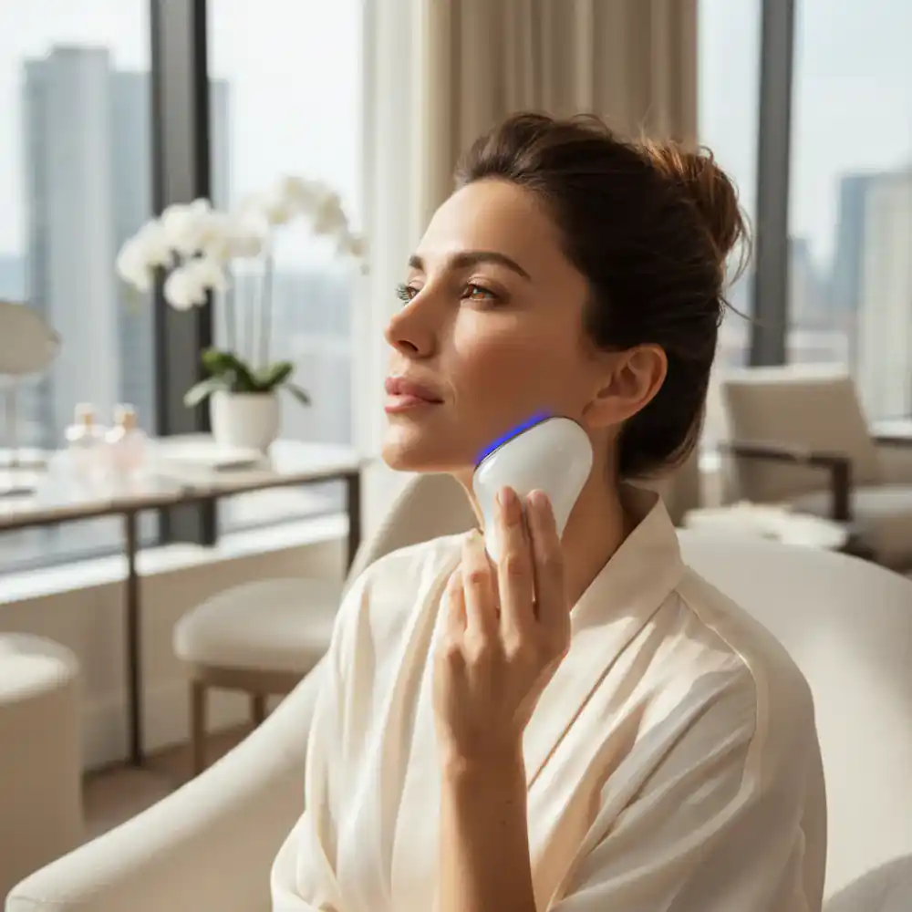 Woman using microcurrent device on jawline