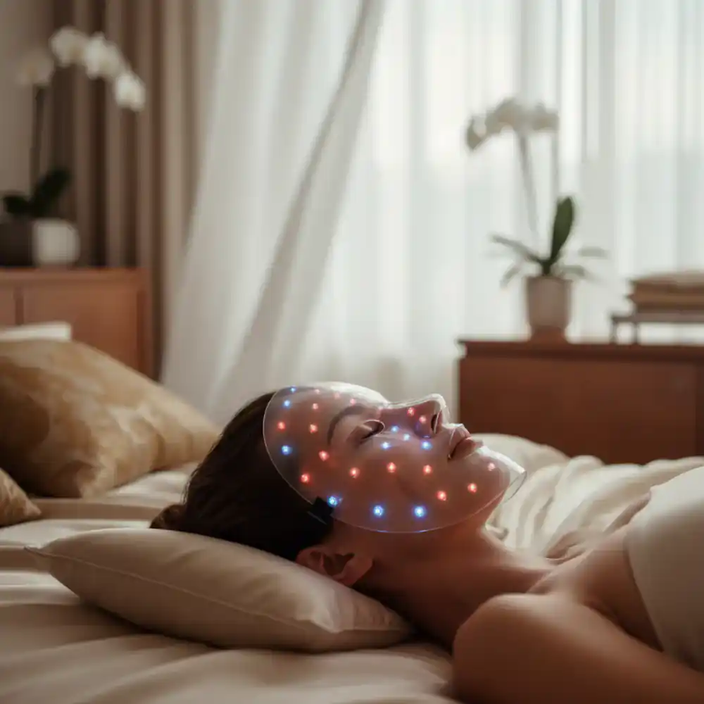 Woman using an LED light therapy mask in soft lighting