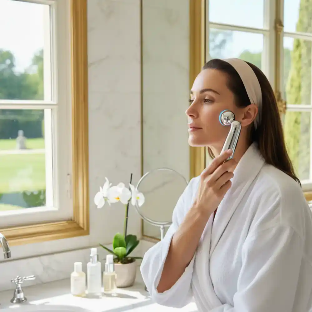 Woman using microcurrent facial device
